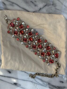 Vtg Valentino Jeweled Statement Choker Necklace in Silver w/ Pink, Red Crystal